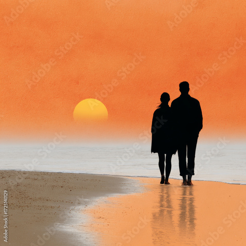 Silhouette of a couple walking on a beach at sunset.