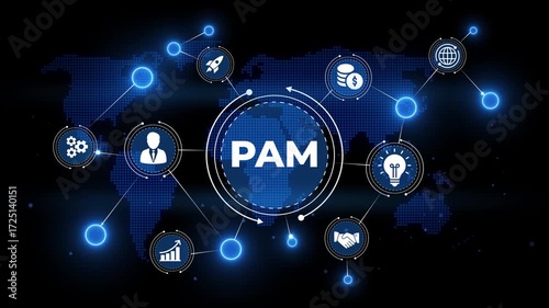 Global network of business icons and PAM text on a digital world map background privileged access management