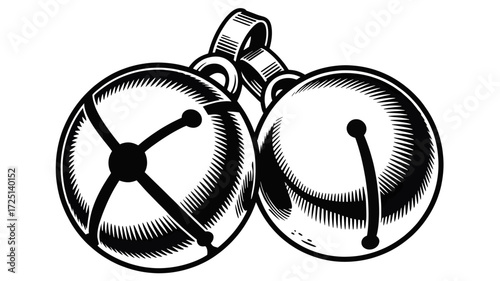 A charming black and white illustration of two classic jingle bells tied together with a ribbon presented in a distinctive silhouette style