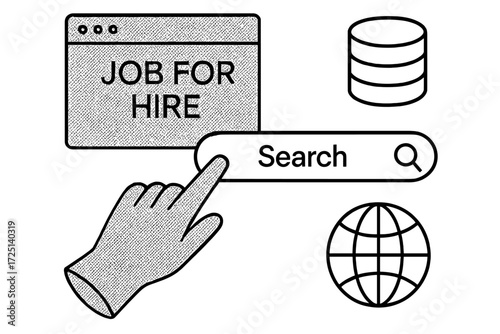 Searching online for job opportunities in a digital environment with a computer and globe