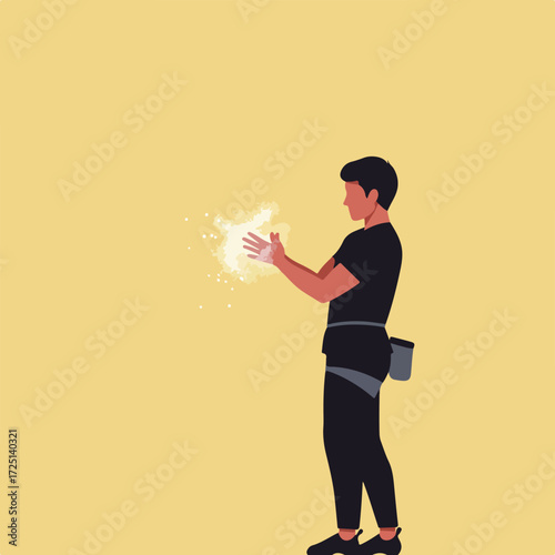 Rock climber, powder on hands, harness, black athletic clothes on yellow ground