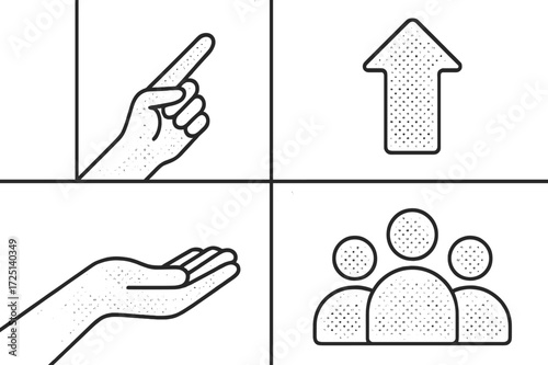 Hand gestures display communication and invitation in a simple, illustrative format during a teaching session