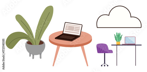 Workspace setup with a laptop on a round table, potted plants, desk with chair, and minimal cloud outline. Ideal for productivity, creativity, remote work, innovation, nature connection simplicity