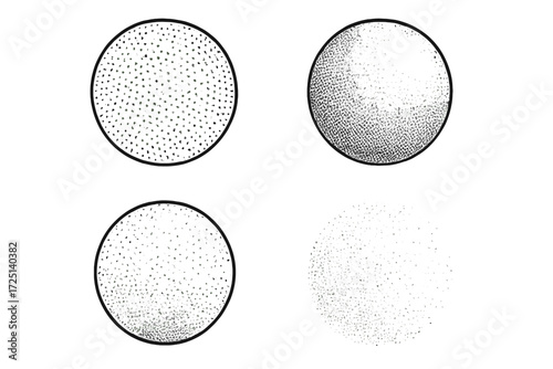 Patterns of dots and shapes in four circles illustrating different textures and shading techniques in black and white art