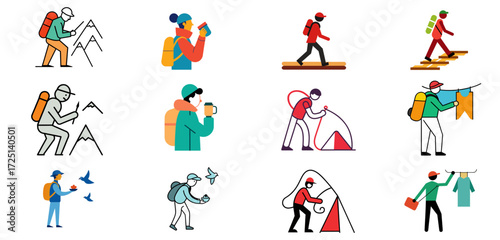 Diverse hikers and campers engaged in various outdoor activities and daily routines