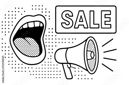 Announcement of a sale featuring a loudspeaker and an open mouth for maximum attention