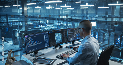 Wallpaper Mural Sitting in Front of Three Computer Monitors in a Glass-Enclosed Modern Data Center Office, Software Engineer Works on Developing a Visual AI Model, Carefully Adjusting Lines of Code Torontodigital.ca