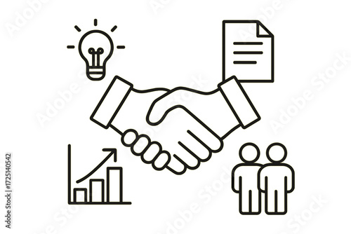 Collaboration and partnership symbols with lightbulb, document, and growth chart in a business context
