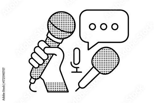 Microphone held by hand with speech bubble suggesting discussion or interview taking place in a recording or broadcasting setting
