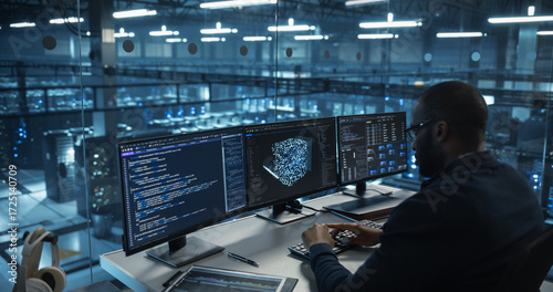 Papier peint Male Software Engineer Focused on Working on a Machine Learning Model Displayed Across Three Monitors