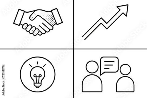 Business growth concepts with handshakes, upward trends, ideas, and discussions in a collaborative setting