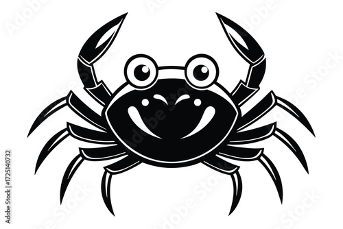 Happy Black Silhouette Crab Character with Big Eyes and Smiling Face black and white cartoon