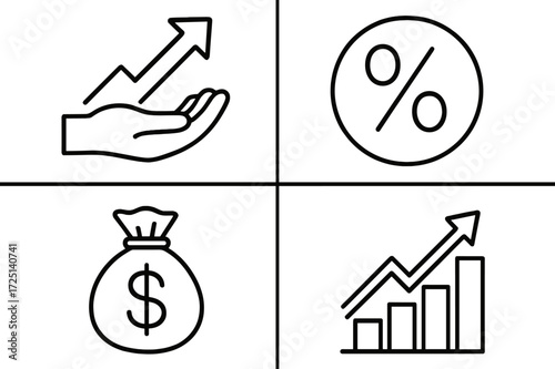 Financial growth symbols depicting investment, percentages, cash, and upward trends in minimalistic design