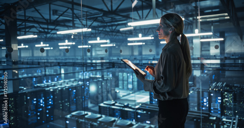 Female Cybersecurity Expert Standing with Her Back to Camera, Works on Her Tablet in a Modern Facility, Running Diagnostic Tests to Identify Network Vulnerabilities in a Data Center with Server Racks