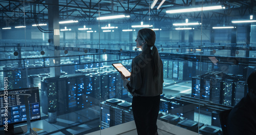 Wallpaper Mural Female Information Technology Engineer Reviews Security Logs on Her Tablet Computer in a High-Tech Data Center, Analyzing Potential Risks to Ensure Network’s Safety and Compute Power Torontodigital.ca