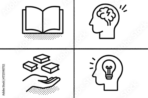 Creative process illustrated through symbols of knowledge, ideas, and resources in a simple layout