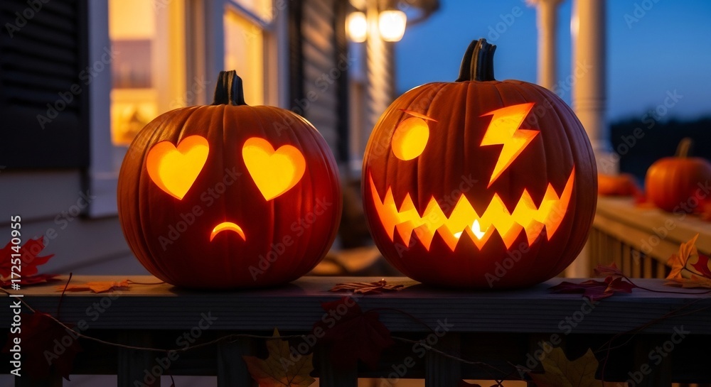 Fototapeta premium Two lit jackolanterns one with heart eyes sit on a porch railing amidst fall leaves at dusk