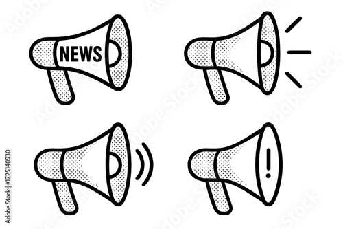Different types of megaphones illustrating news announcements and alerts for various purposes
