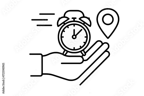 Concept of time management with clock and location pin in minimalistic design for planning and organization