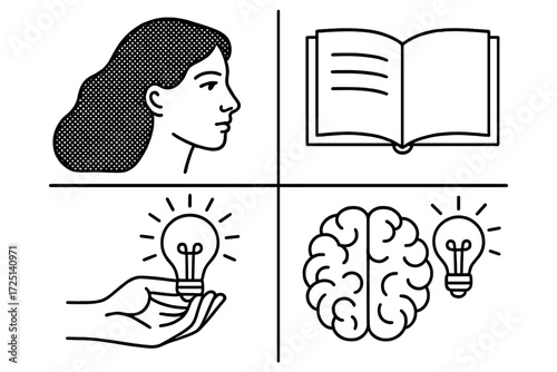 Ideas and knowledge represented through symbols of thought, learning, and creativity in a simple design