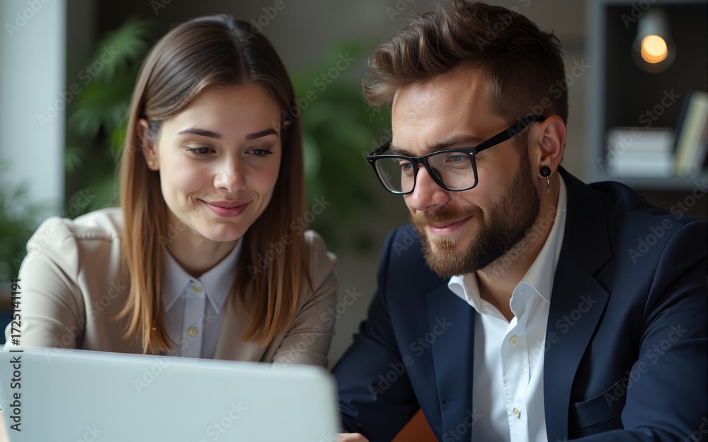 Fototapeta premium Portrait of two business colleagues, looking at something online. High quality
