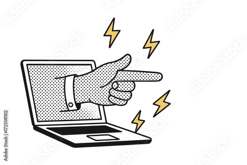 Creative digital art showing a hand pointing out from a laptop with lightning bolts in a modern design