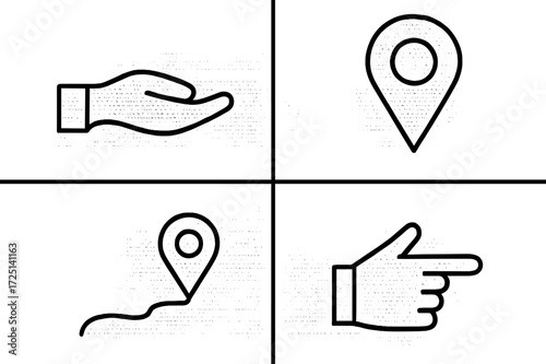 Symbols of navigation and guidance illustrated through simple line drawings showcasing a hand and location markers