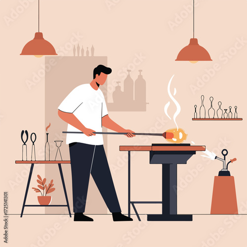 Glassblower shaping molten glass with a torch in a studio with lamps