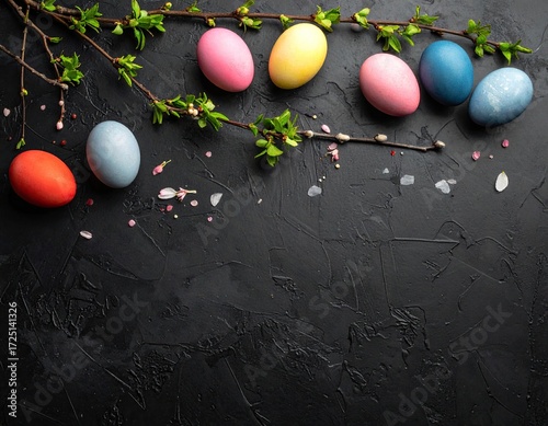 Colorful Easter eggs on a dark textured surface, accented with spring branches and flower petals