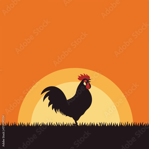 Rooster silhouette in grass against orange sunset