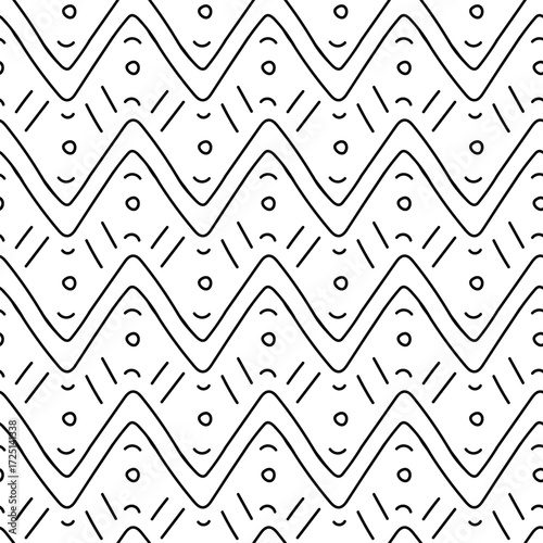 A pattern, a linear ornament of the first American settlers, Indians. Repeating seamless texture of smooth waves with symbols stick, circle. Relief texture. American Indian symbols