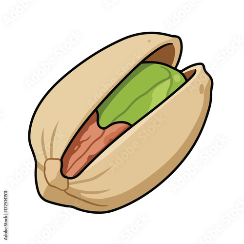 Cartoon pistachio with cracked shell exposing the green nut and inner skin