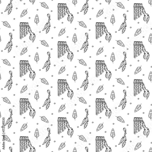 pattern from sampogno, musical instrument of native American settlements. Seamless texture in doodle style. flute made of wood, decorated with feathers and carvings. rituals. American Indians