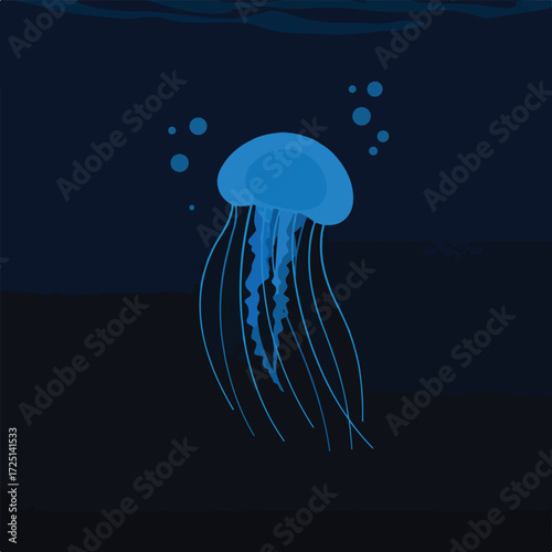 Blue jellyfish floating in a dark ocean, with bubbles rising upward