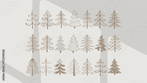 A collection of delicate line art christmas tree silhouettes in neutral tones arranged in three rows on a textured background with subtle shadow overlays silhouette