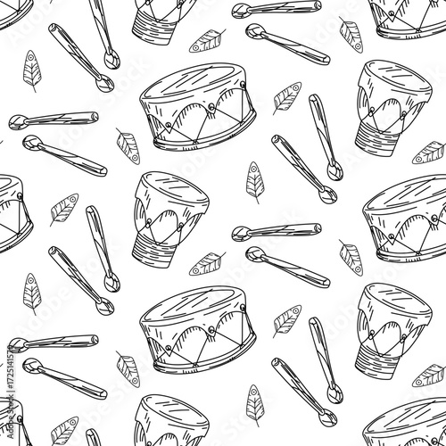 pattern of drums, musical instrument of native American settlements. Seamless texture in doodle style. An animal skin stretched over circle with sticks for playing. Shamanic rituals. American Indians