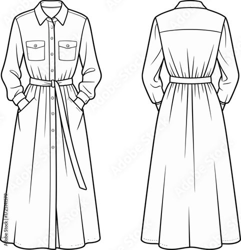 Women’s long sleeve shirt dress, belted waist, button down, fashion flat sketch, CAD apparel drawing, vector clothing design, front and back