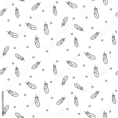 pattern is contoured feathers and beads. Theme of the first American settlements. feathers of the bird are small in doodle style. Seamless texture graphics for fabric. Black drawing on white, graphics