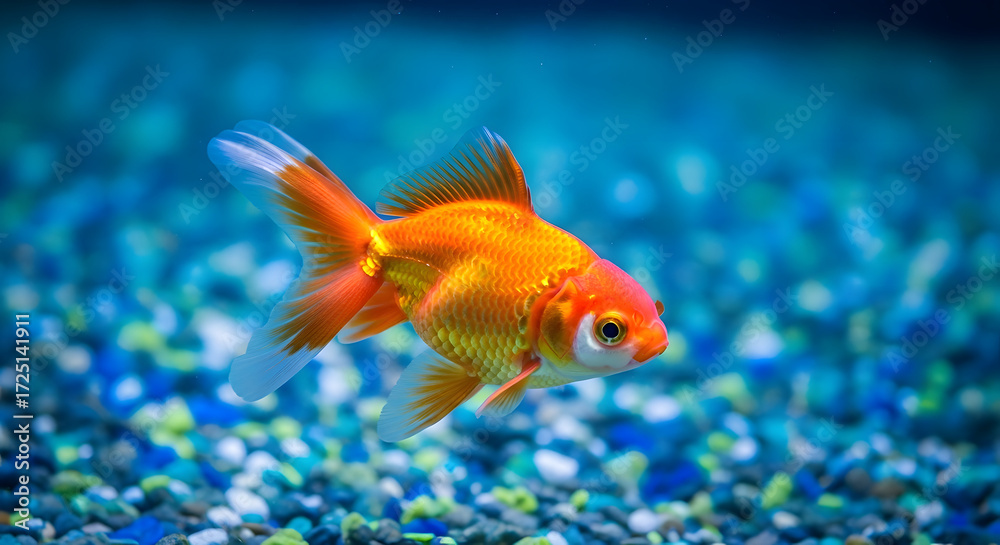 Naklejka premium Orange goldfish swimming in aquarium with blue gravel and white background