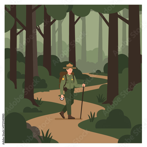 Ranger hikes a winding trail through lush, dense green forest with tall trees