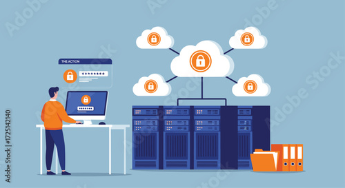 It professional manager optimizes cloud server network for data security and analytics vector