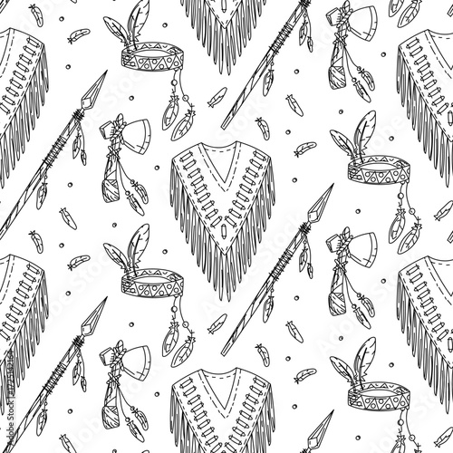 pattern poncho, spear, tomahawk, and headband decorated with Native American feathers. Seamless texture in the style of doodles. Clothing and items for hunting. Indian men's clothing. American Indians