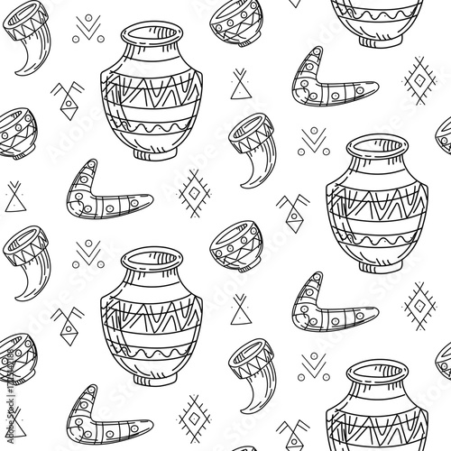 pattern of Native American objects in doodle. An earthenware jug and bowl, drinking horn, boomerang. Tableware with symbols, elements writing. Seamless texture. theme of nomadic life. American Indians