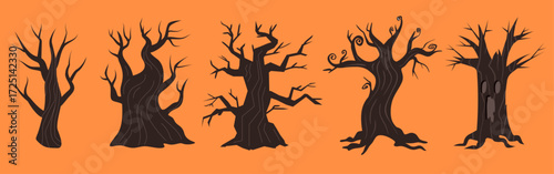 Silhouettes of spooky trees with twisted branches on an orange background. Halloween vector illustration, creating a haunting atmosphere