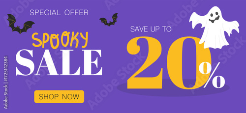 Halloween spooky sale advertisement banner, features bats and a ghost on an purple background. Text highlights discounts and shopping options.
