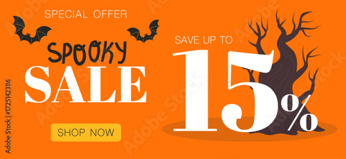 Halloween spooky sale advertisement banner, features bats and a dark tree silhouette on an orange background. Text highlights discounts and shopping options.