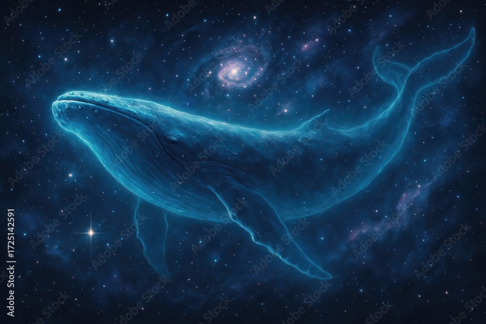 Fototapeta premium Cosmic Blue Whale Gliding Through Starry Universe