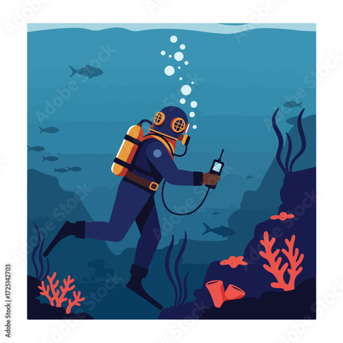 Diver in deep ocean, holding comms device among coral and fish
