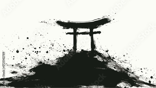 Abstract ink brush illustration of Japanese torii shrine gate in grunge style
