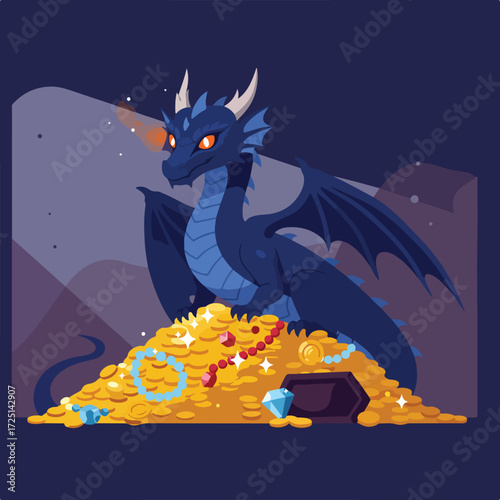 Blue dragon sits atop a pile of gold, treasure, and gems in a cave